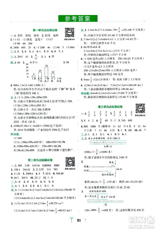 陕西师范大学出版总社有限公司2021小学学霸冲A卷数学六年级下册SJ苏教版答案