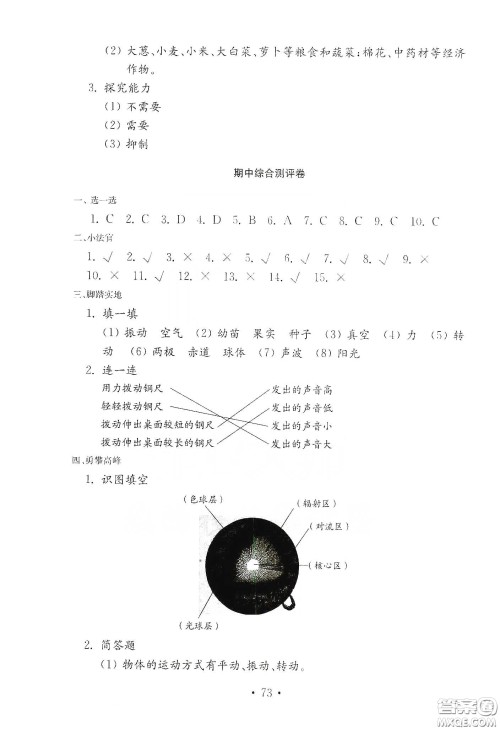 山东教育出版社2021小学科学试卷金钥匙四年级下册答案