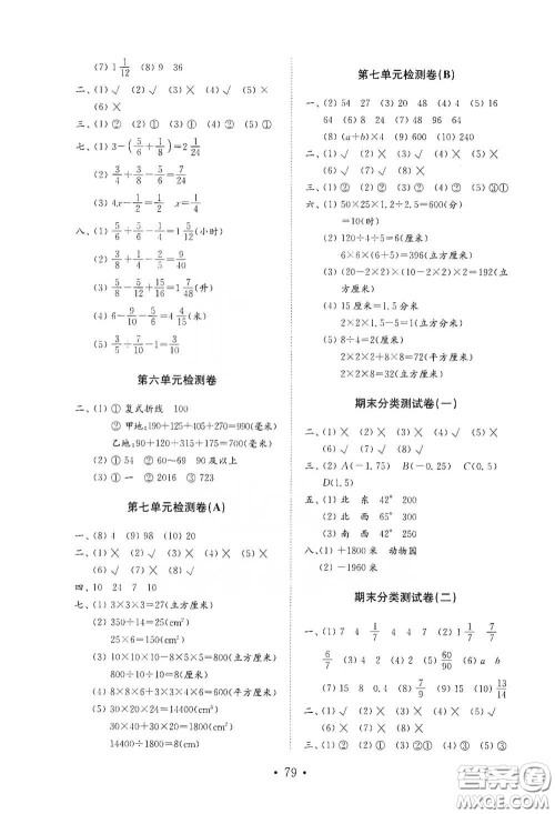 山东教育出版社2021小学数学试卷金钥匙五年级下册答案
