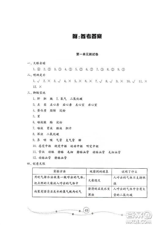 山东教育出版社2021小学科学试卷金钥匙五年级下册人教版答案