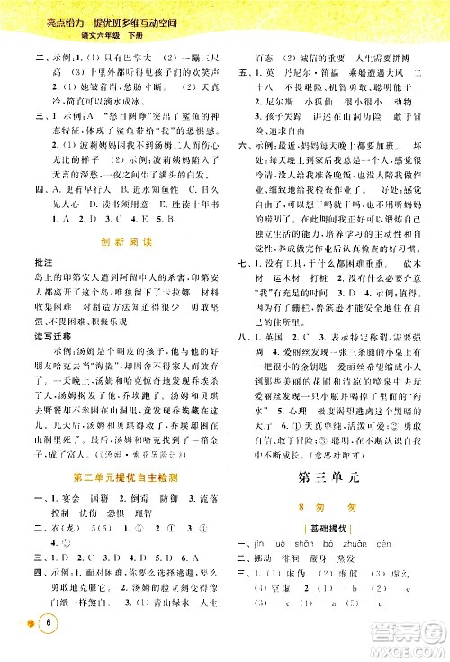 北京教育出版社2021亮点给力提优班多维互动空间语文六年级下册人教版答案