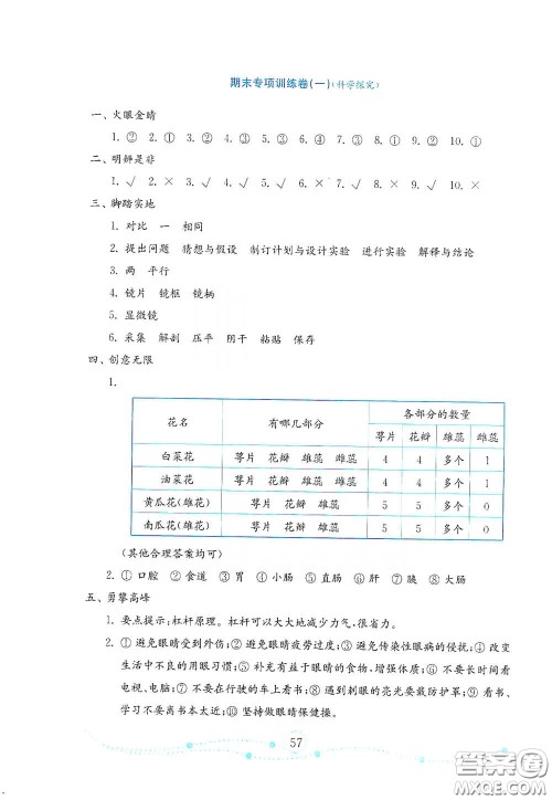 山东教育出版社2021金版小学科学试卷金钥匙五年级下册山东小学专用答案