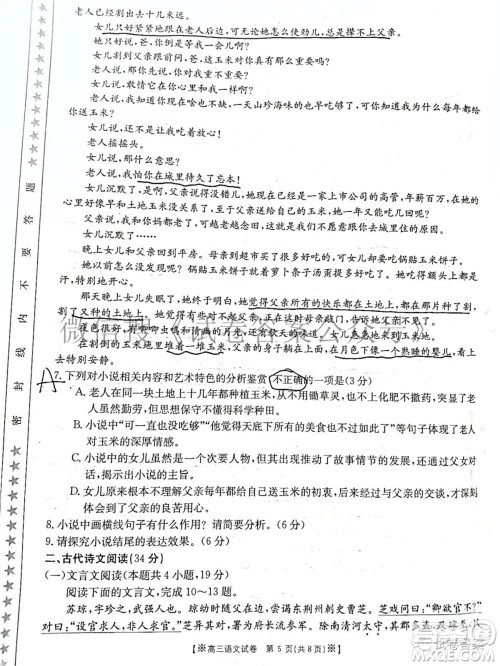 2021年陕西贵州金太阳4月联考高三语文试题及答案