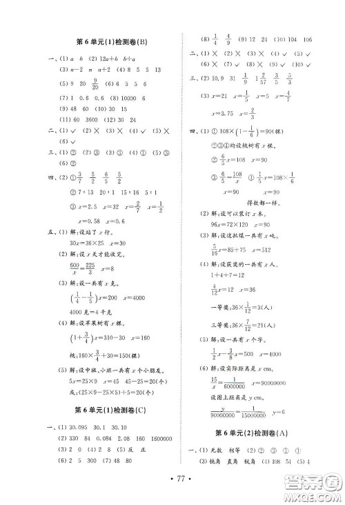山东教育出版社2021小学数学试卷金钥匙六年级下册人教版答案