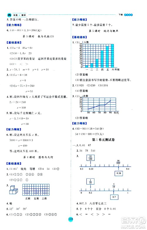 延边人民出版社2021优秀生作业本情景式阅读型练习册四年级数学下册人教版答案
