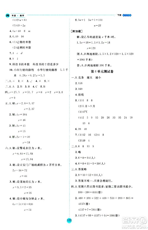 延边人民出版社2021优秀生作业本情景式阅读型练习册四年级数学下册人教版答案