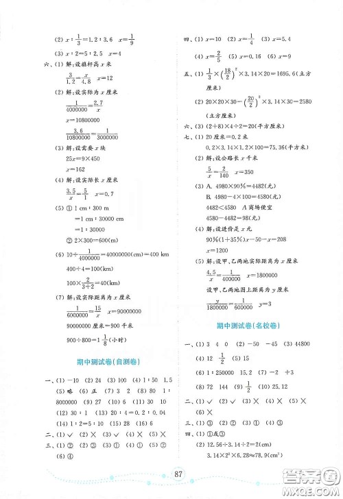 山东教育出版社2021金版小学数学试卷金钥匙六年级下册人教版山东专用答案