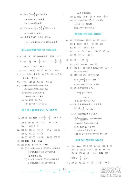 山东教育出版社2021金版小学数学试卷金钥匙六年级下册人教版山东专用答案