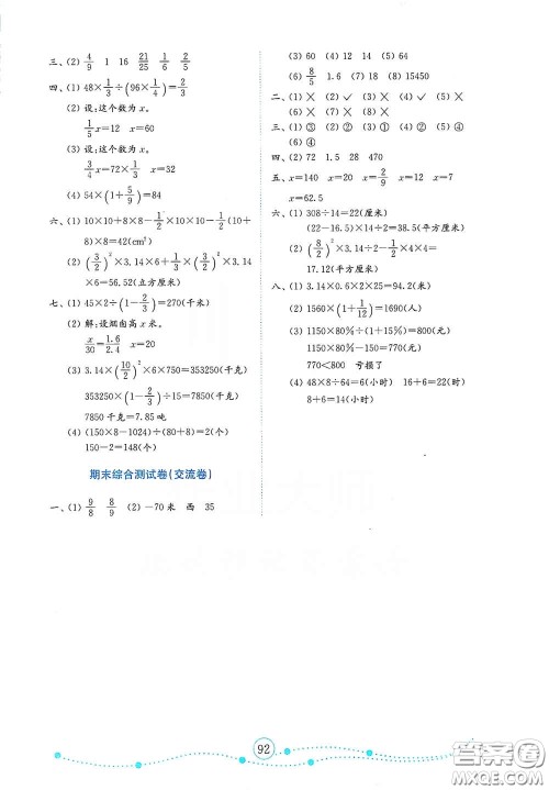 山东教育出版社2021金版小学数学试卷金钥匙六年级下册人教版山东专用答案