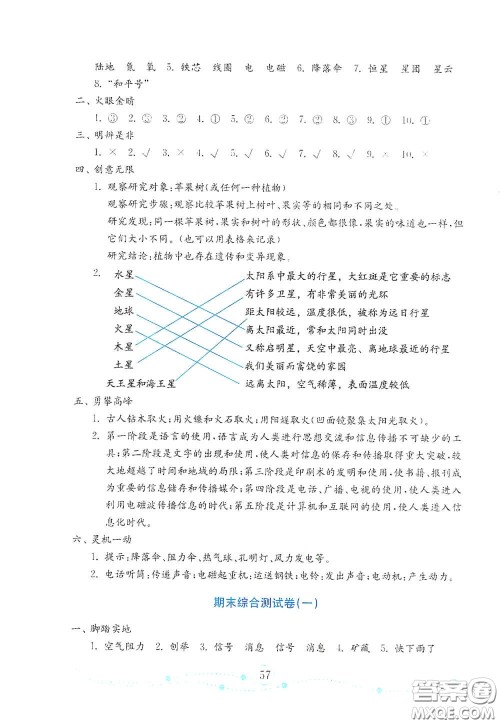 山东教育出版社2021金版小学科学试卷金钥匙六年级下册答案