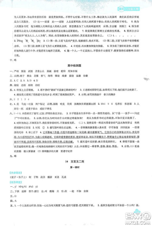 苏州大学出版社2021金钥匙1+1课时作业六年级语文下册国标全国版答案