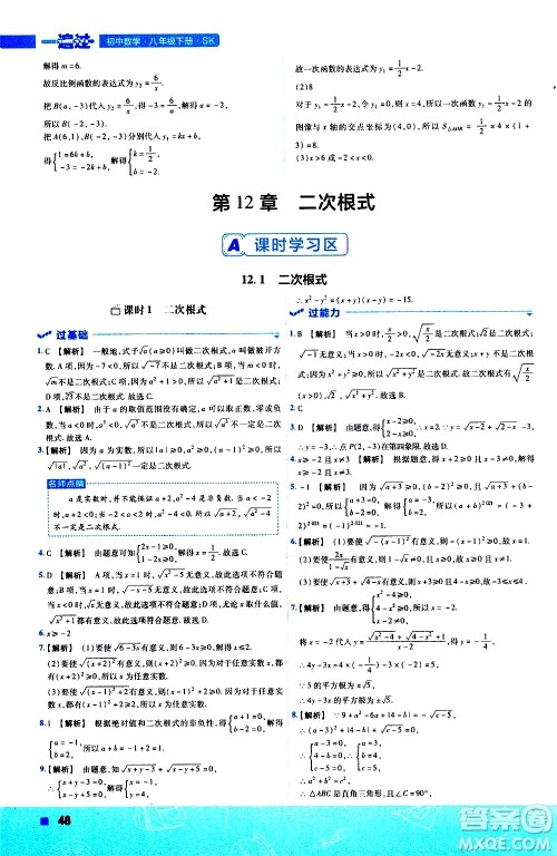 南京师范大学出版社2021版一遍过初中数学八年级下册SK苏科版答案