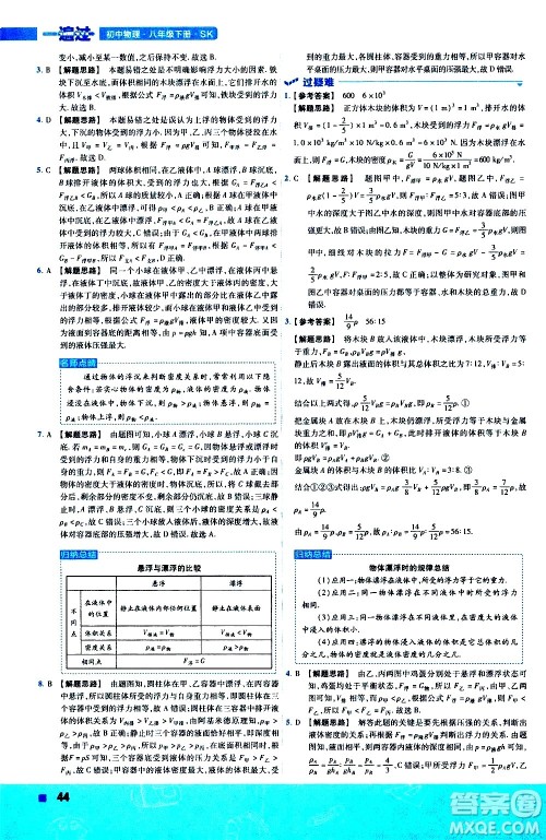 南京师范大学出版社2021版一遍过初中物理八年级下册SK苏科版答案
