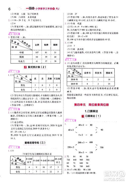 南京师范大学出版社2021春季一遍过小学数学三年级下册RJ人教版答案
