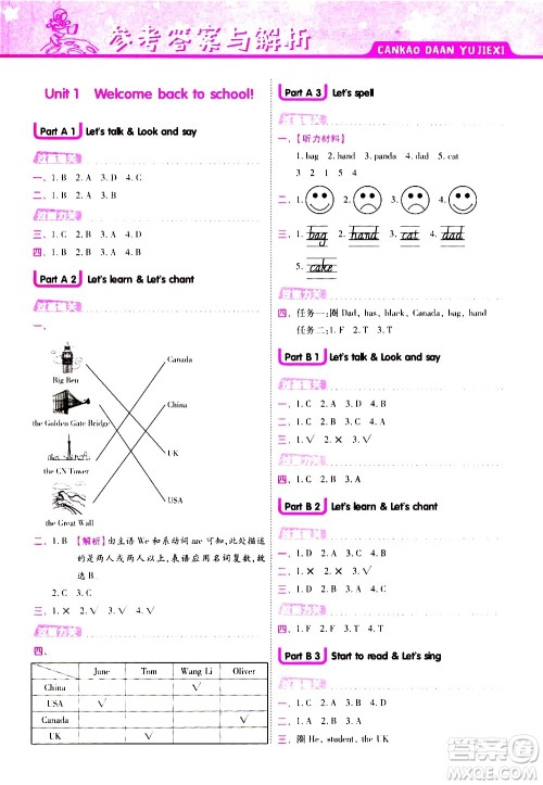 南京师范大学出版社2021春季一遍过小学英语三年级下册RP人教版答案
