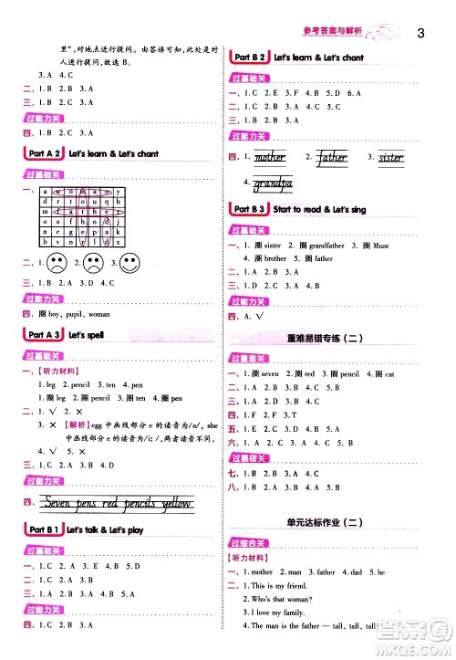 南京师范大学出版社2021春季一遍过小学英语三年级下册RP人教版答案