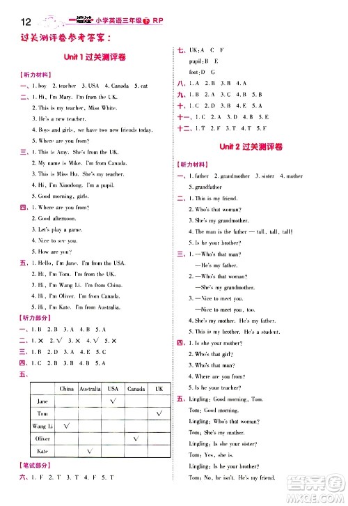 南京师范大学出版社2021春季一遍过小学英语三年级下册RP人教版答案