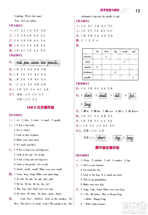 南京师范大学出版社2021春季一遍过小学英语三年级下册RP人教版答案