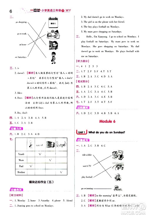 南京师范大学出版社2021春季一遍过小学英语三年级下册WY外研版答案