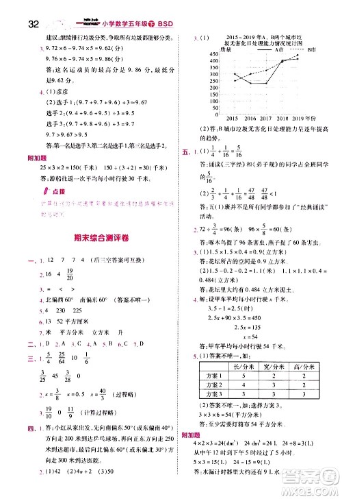 南京师范大学出版社2021春季一遍过小学数学五年级下册BSD北师大版答案