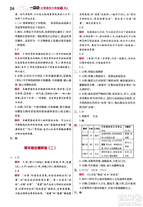 南京师范大学出版社2021春季一遍过小学语文六年级下册RJ人教版答案