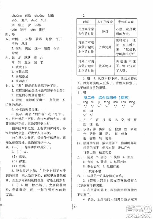 河北少年儿童出版社2021单元检测卷三年级语文下册人教版答案