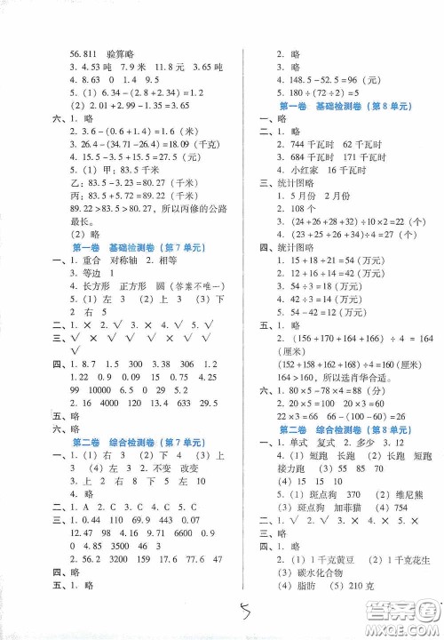 河北少年儿童出版社2021单元检测卷四年级数学下册人教版答案
