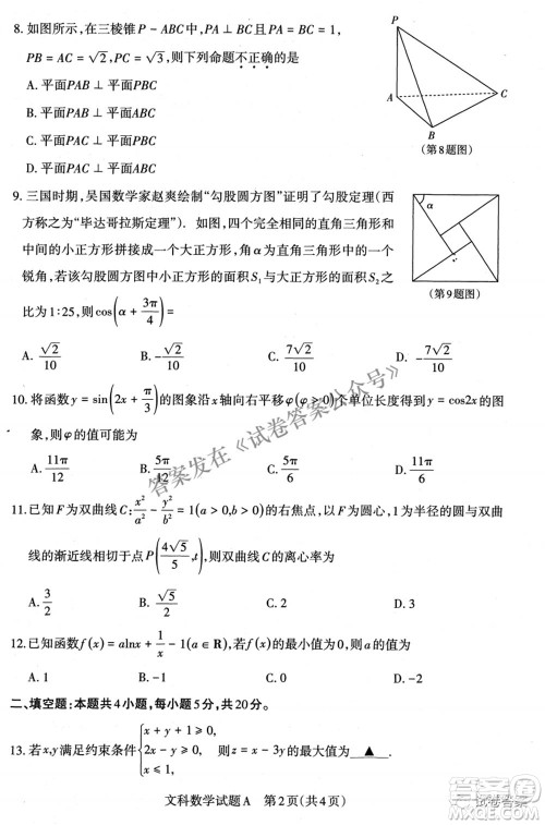 2021年山西省高考考前适应性测试二文科数学试题及答案