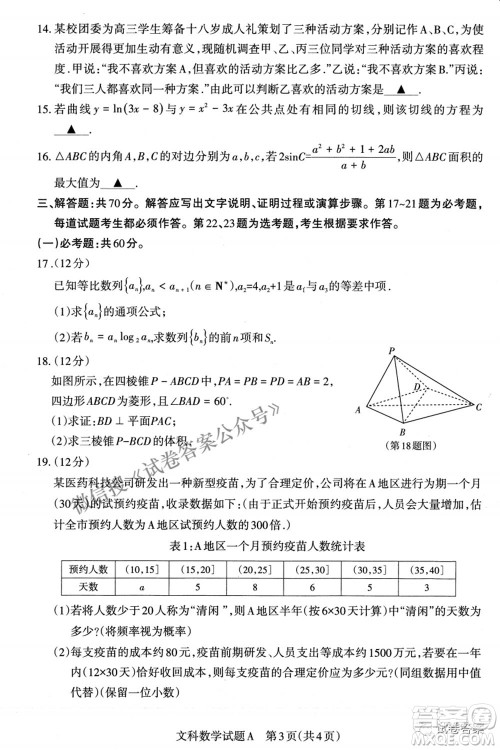 2021年山西省高考考前适应性测试二文科数学试题及答案