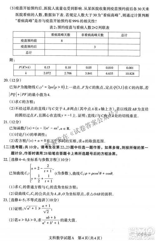 2021年山西省高考考前适应性测试二文科数学试题及答案