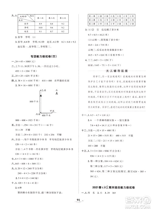 江西人民出版社2021春王朝霞培优100分数学三年级下册RJ人教版答案