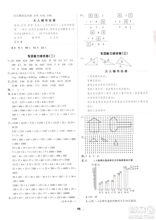 江西人民出版社2021春王朝霞培优100分数学四年级下册RJ人教版答案