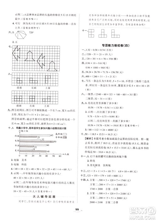 江西人民出版社2021春王朝霞培优100分数学四年级下册RJ人教版答案