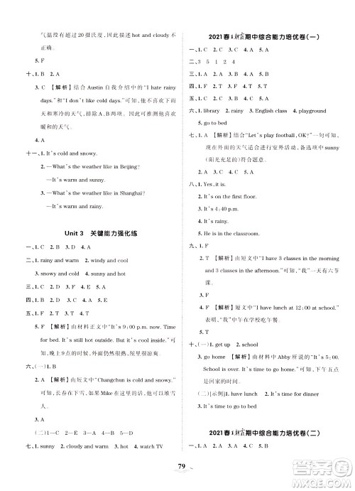 江西人民出版社2021春王朝霞培优100分英语四年级下册PEP人教版答案