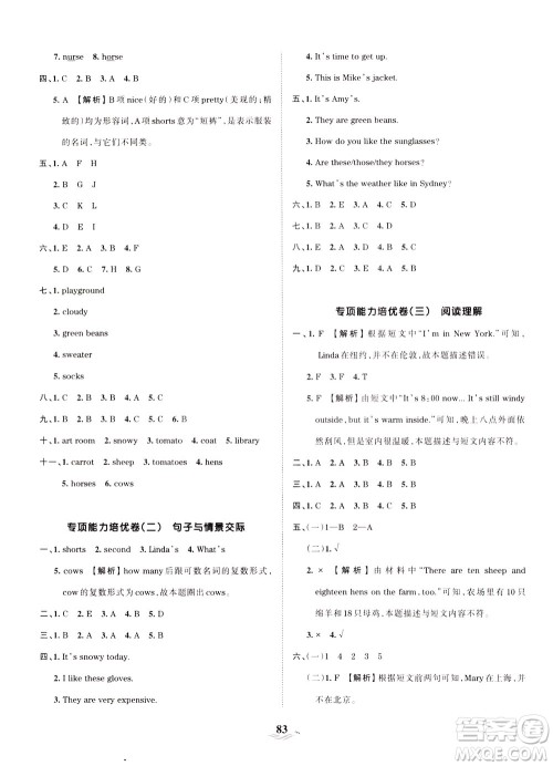 江西人民出版社2021春王朝霞培优100分英语四年级下册PEP人教版答案