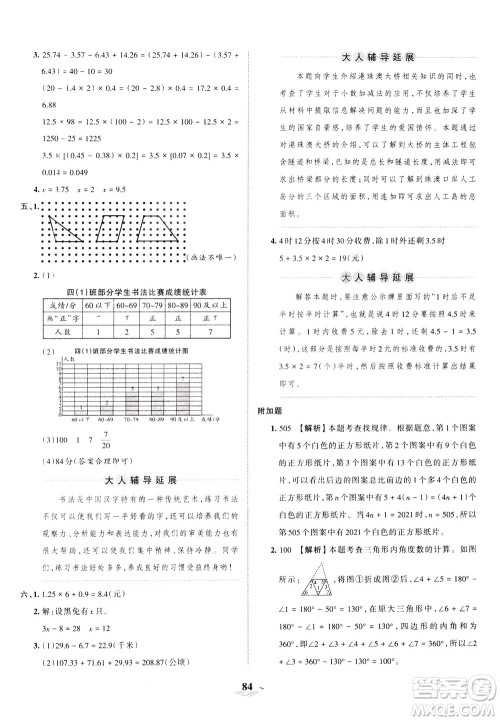 江西人民出版社2021春王朝霞培优100分数学四年级下册BS北师大版答案