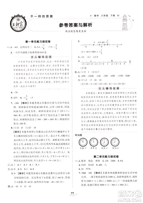 江西人民出版社2021春王朝霞培优100分数学六年级下册RJ人教版答案