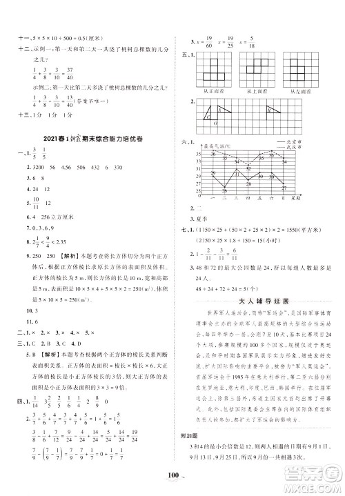 江西人民出版社2021春王朝霞培优100分数学五年级下册RJ人教版答案 江西人民出版社2021春王朝霞培优100分数学五年级下册RJ人教版答案