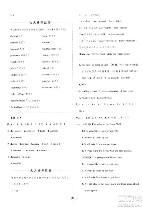 江西人民出版社2021春王朝霞培优100分英语六年级下册PEP人教版答案