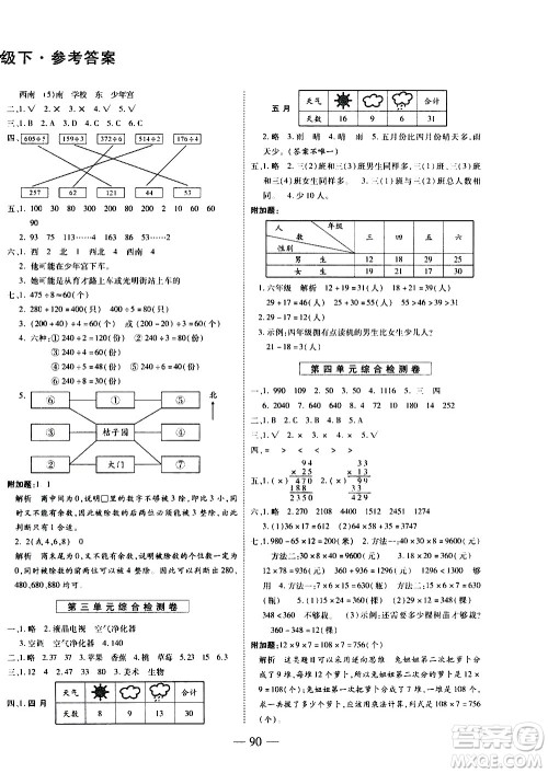 天地出版社2021名师优题小学系列卷数学三年级下册RJ人教版答案