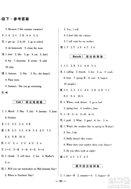 天地出版社2021名师优题小学系列卷英语五年级下册PEP人教版答案
