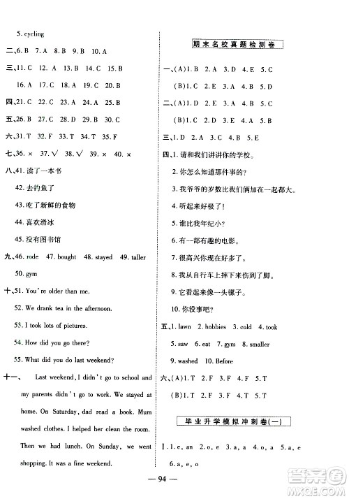 天地出版社2021名师优题小学系列卷英语六年级下册PEP人教版答案