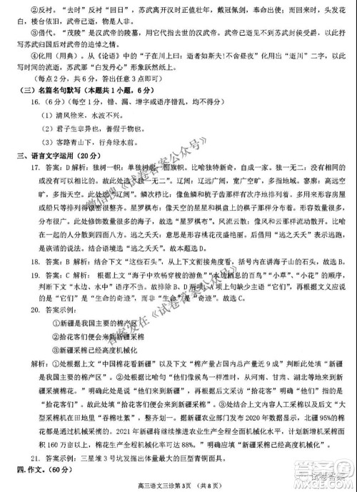 南充市高2021届第三次高考适应性考试语文试题及答案 南充市高2021届第三次高考适应性考试语文试题及答案