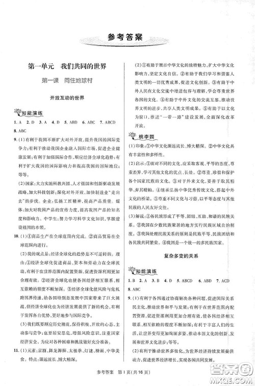 北京师范大学出版社2021课堂精练九年级道德与法治下册河南专版答案