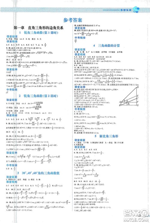 北京师范大学出版社2021课堂精练九年级数学下册北师大版山西专版答案