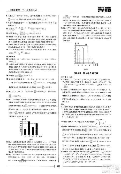 吉林人民出版社2021新教材完全考卷七年级数学下新课标人教版答案