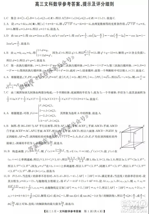 2021年九师联盟高三5月考试文科数学试题及答案