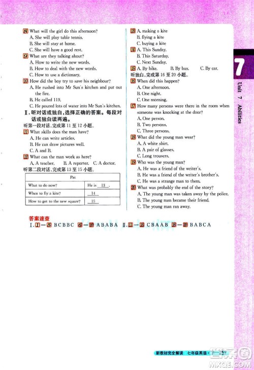 吉林人民出版社2021新教材完全解读英语七年级下新课标译林版答案