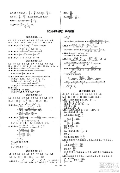 山东美术出版社2021新中考集训中考总复习数学九年级通用版答案