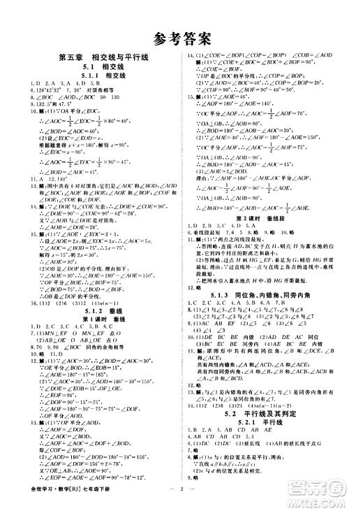 光明日报出版社2021全效学习课时提优数学七年级下册RJ人教版A版答案